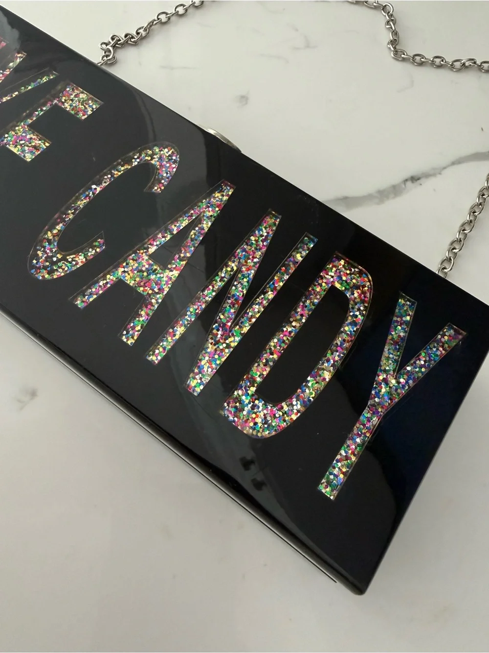Nordstrom Black 'EYE CANDY' Glitter Acrylic Box Clutch with Silver Chain